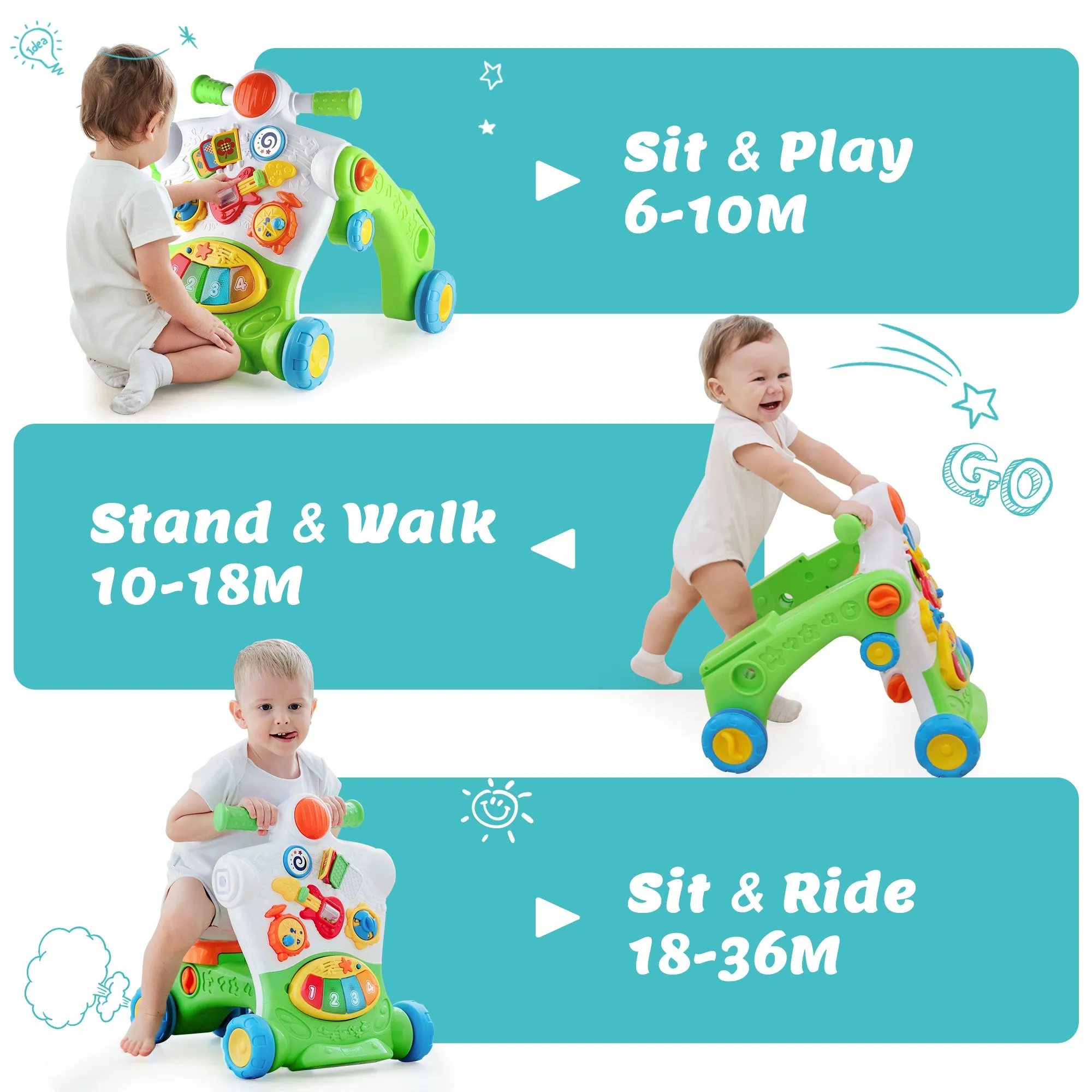 3 in 1 Baby Sit to Stand Walker Musical Activity Center