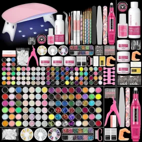 Beginner-Friendly Acrylic Nail Art Kit - Drill, UV Light, 45 Colors of Powder & Glitter Tools