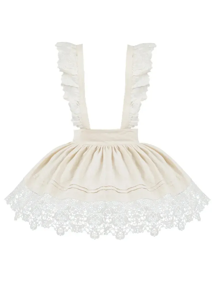 Beige Flower Lace Hemline Apron with Detachable Shoulder Straps