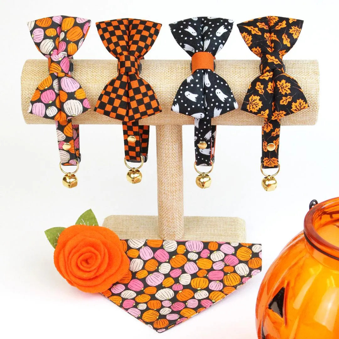 Cat Bow Tie - "Chasing Ghosts" - Black Halloween Ghost Bow Tie for Cat / Cat   Small Dog Bowtie
