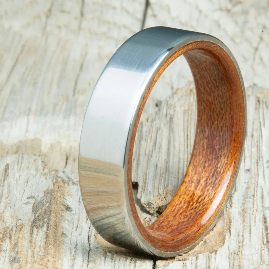 Classic mens titanium wedding band with Acacia wood