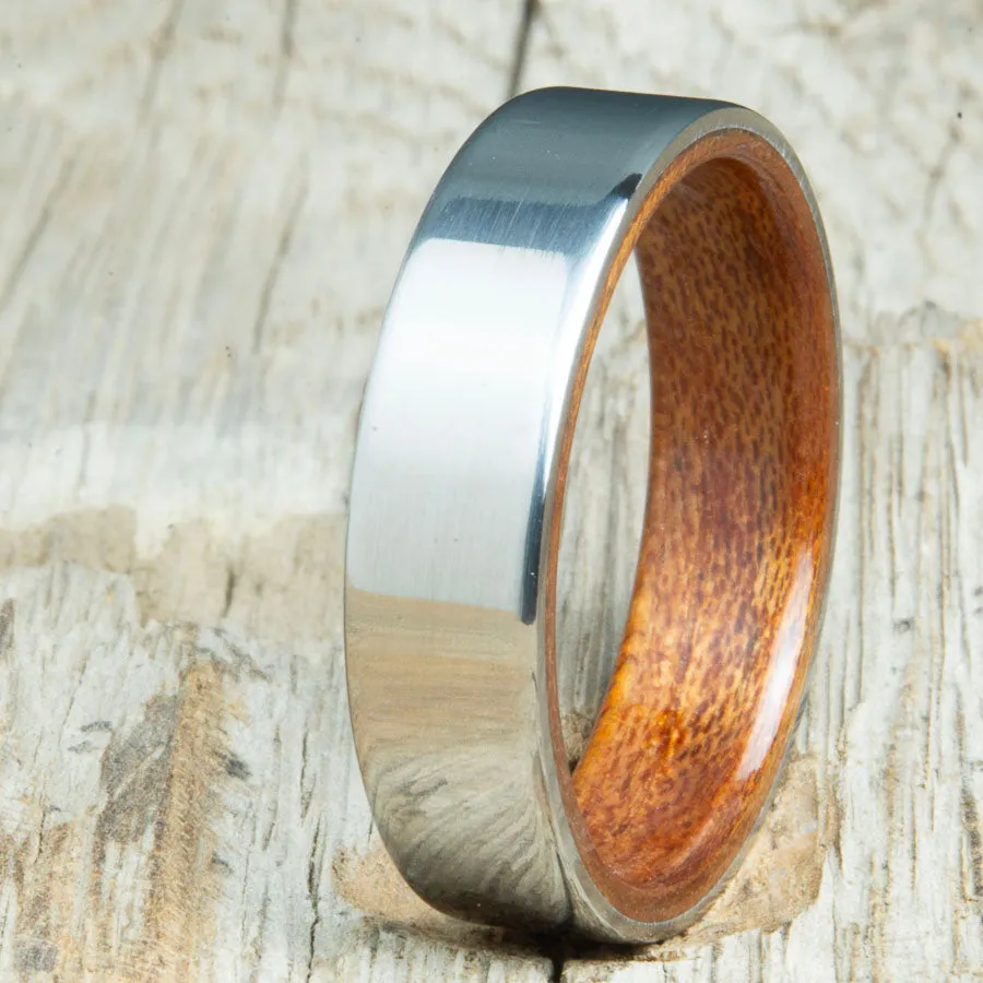 Classic mens titanium wedding band with Acacia wood