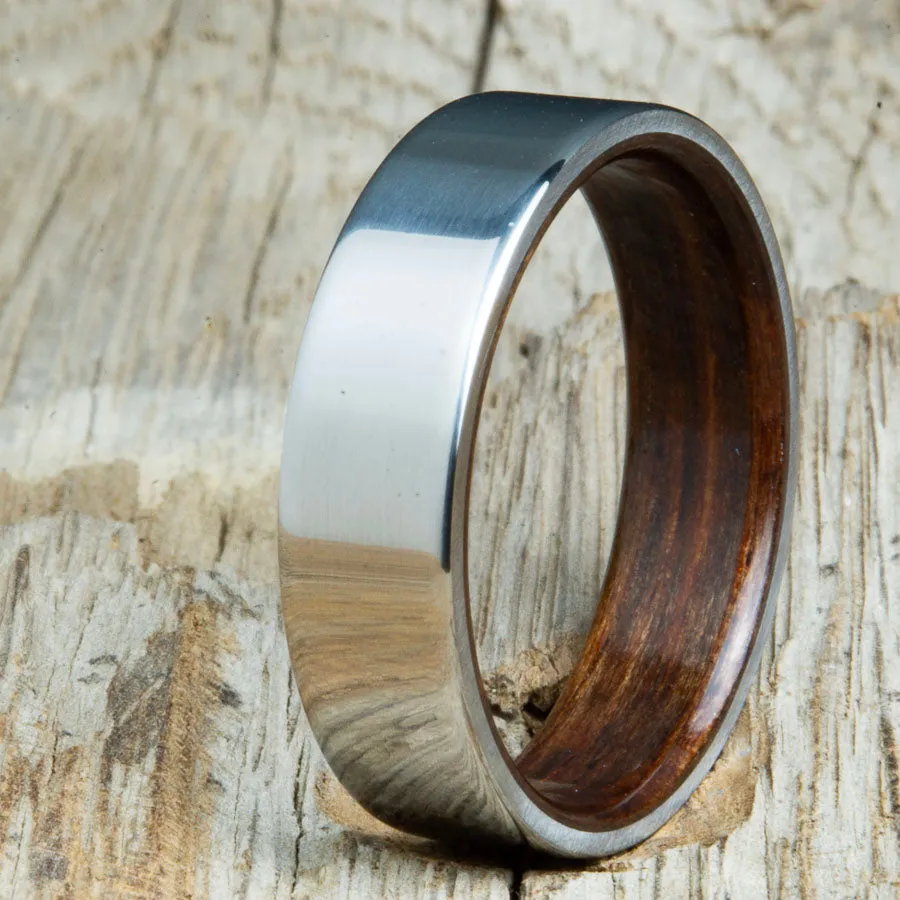 Classic mens titanium wedding band with Ebony wood
