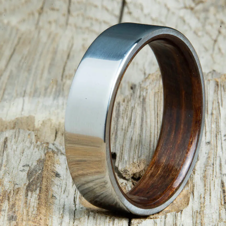 Classic mens titanium wedding band with Ebony wood