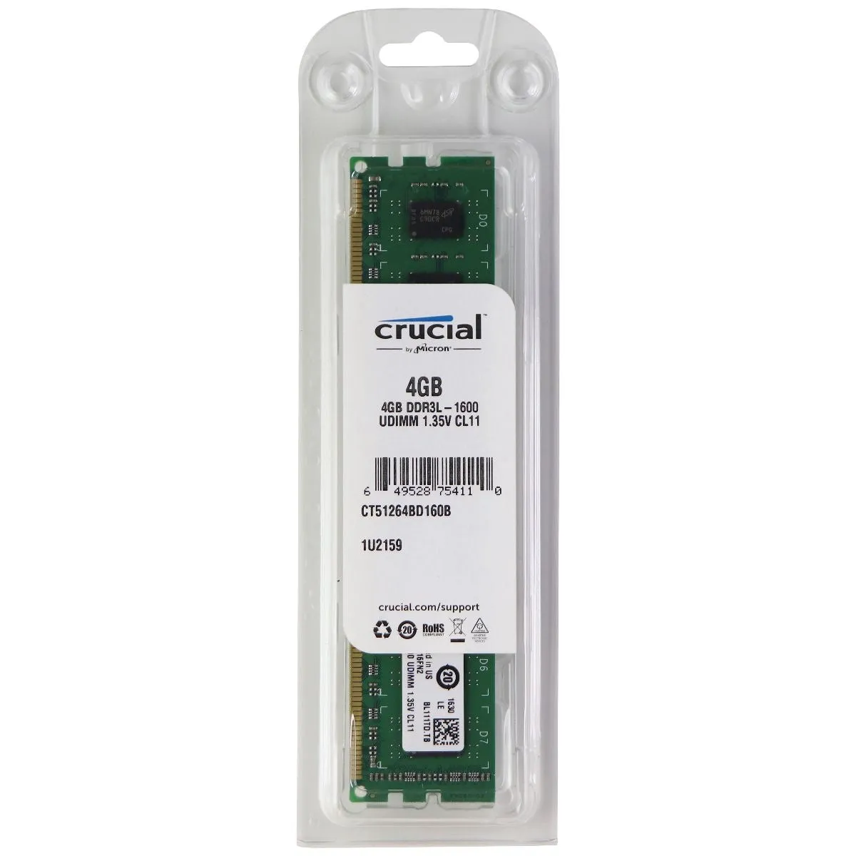 Crucial RAM 4GB DDR3L 1.35V 1600 MHz CL11 Desktop Memory CT51264BD160B