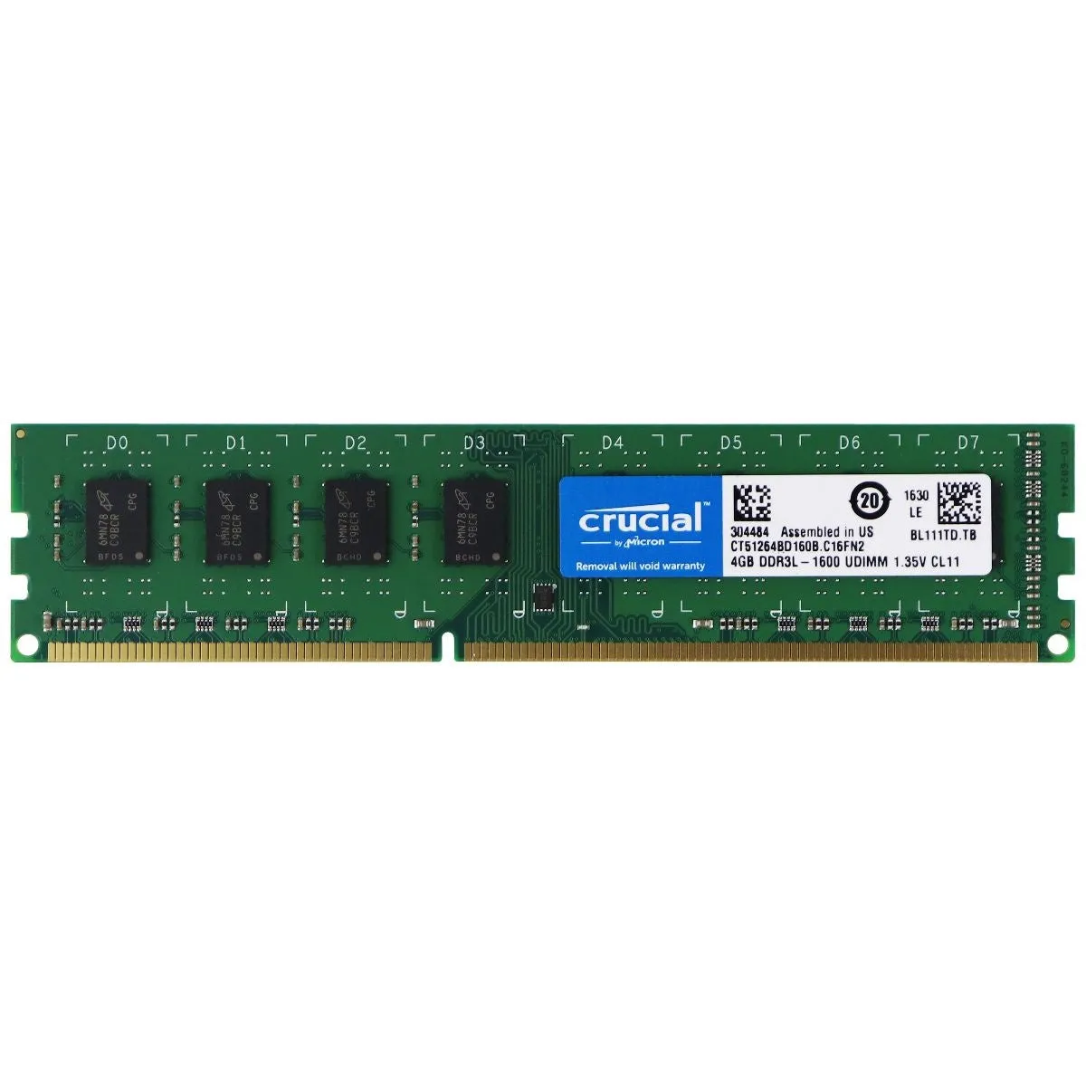 Crucial RAM 4GB DDR3L 1.35V 1600 MHz CL11 Desktop Memory CT51264BD160B