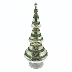 Glass table top tree, antique silver with green bands and vintage glitter trim, LED, 12 in