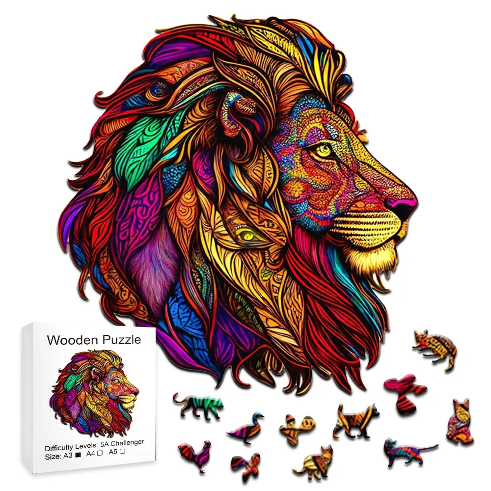 Gorgeous Wooden Puzzle of a Multicoloured Lion - Unusual Shape Jigsaw Puzzle for Adults and Children