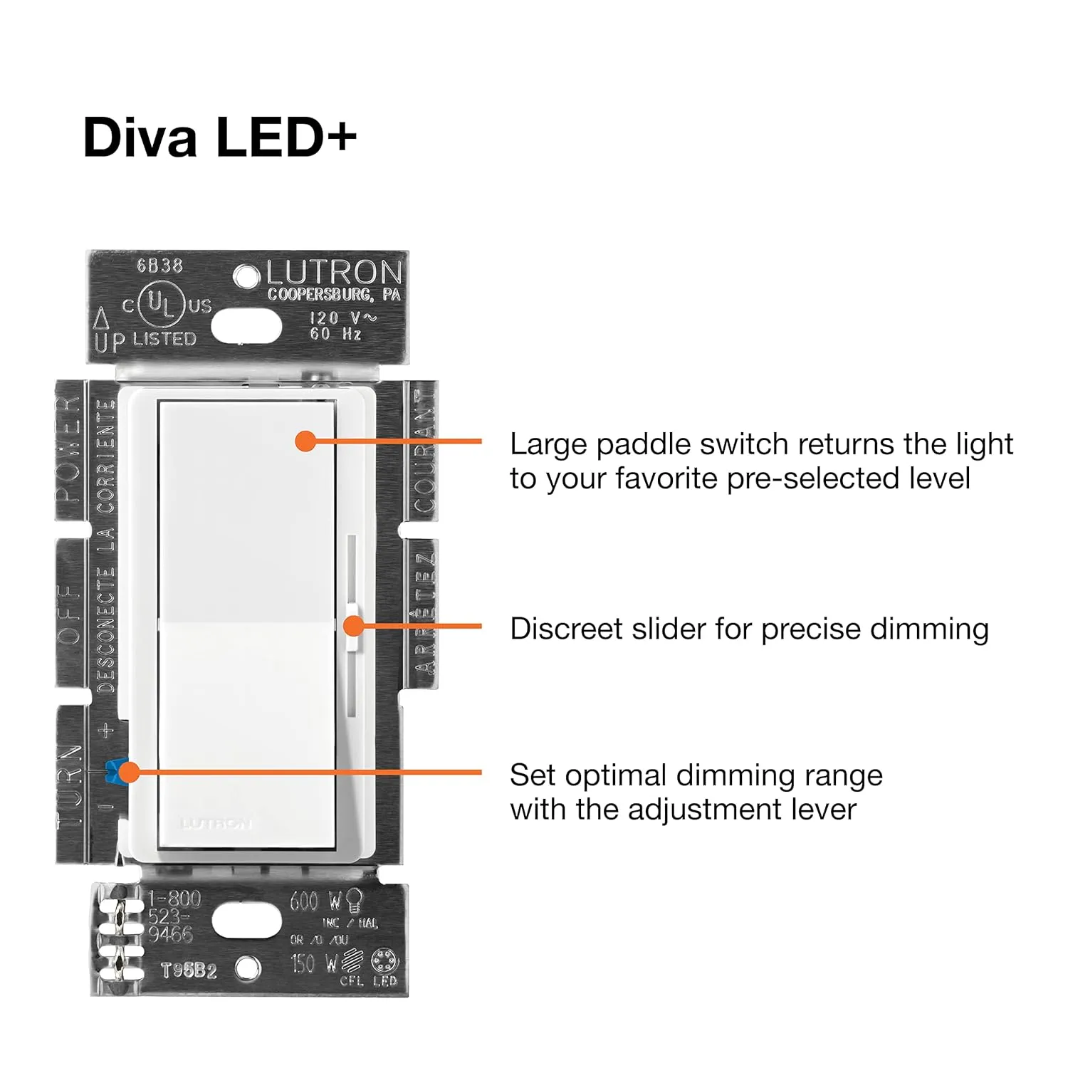 Lutron Diva LED  Dimmer Switch for Dimmable LED, Halogen and Incandescent Bulbs, 150W/Single-Pole or 3-Way, DVCL-153P-WH, White