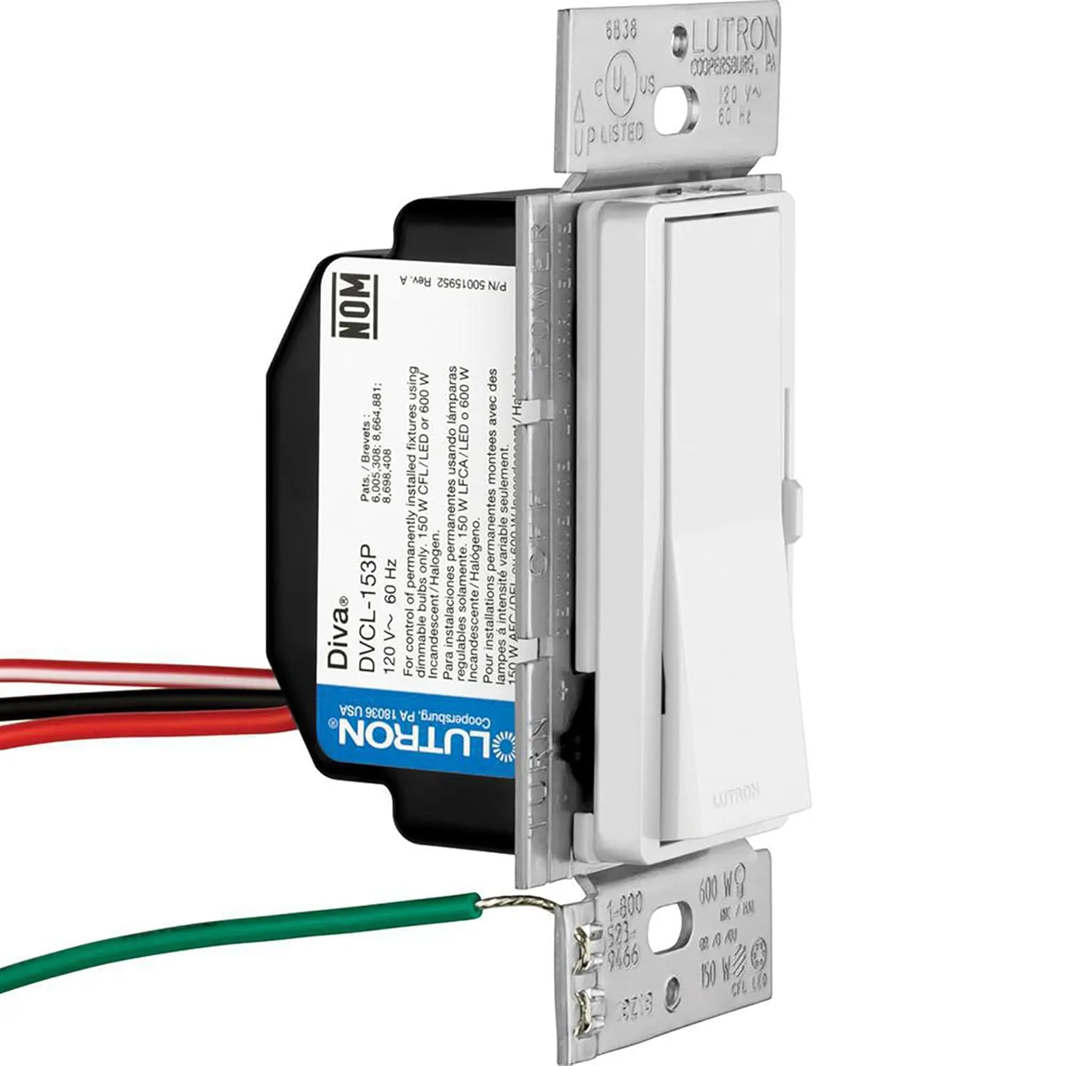 Lutron Diva LED  Dimmer Switch for Dimmable LED, Halogen and Incandescent Bulbs, 150W/Single-Pole or 3-Way, DVCL-153P-WH, White