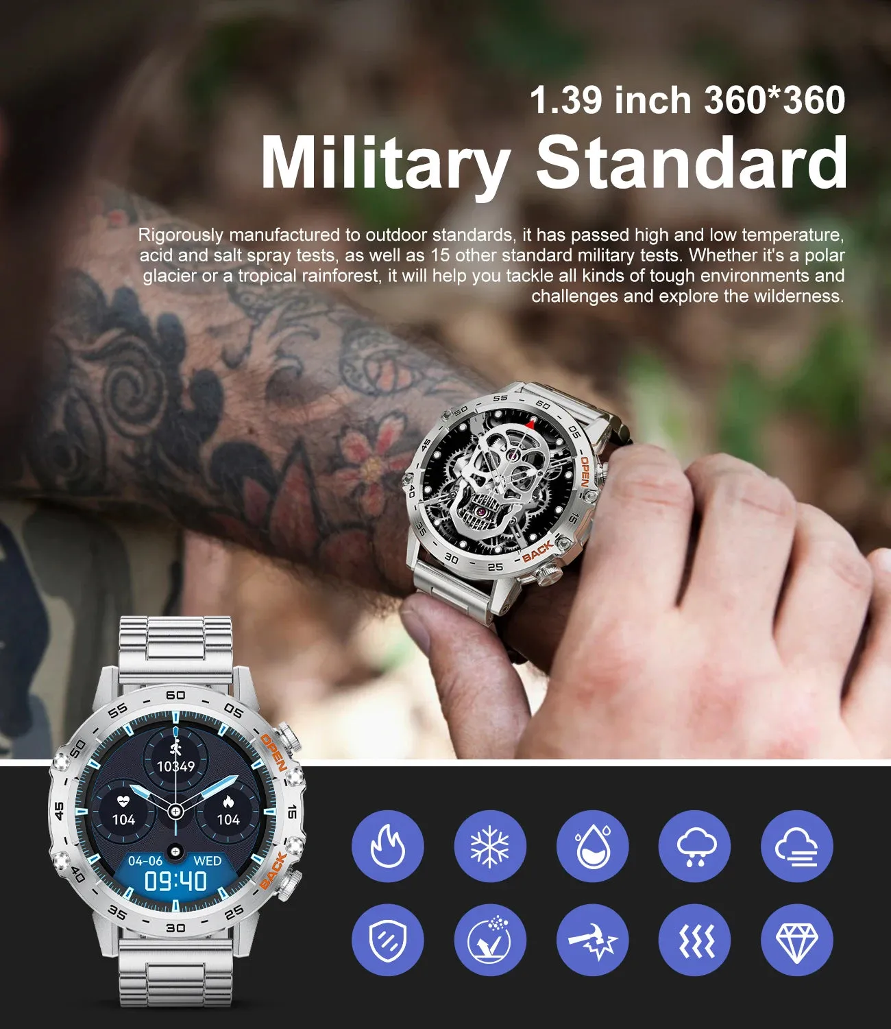 Military-Grade Durability Shockproof & Impact-Resistant Bluetooth Health Monitoring Smartwatch (Android IOS)