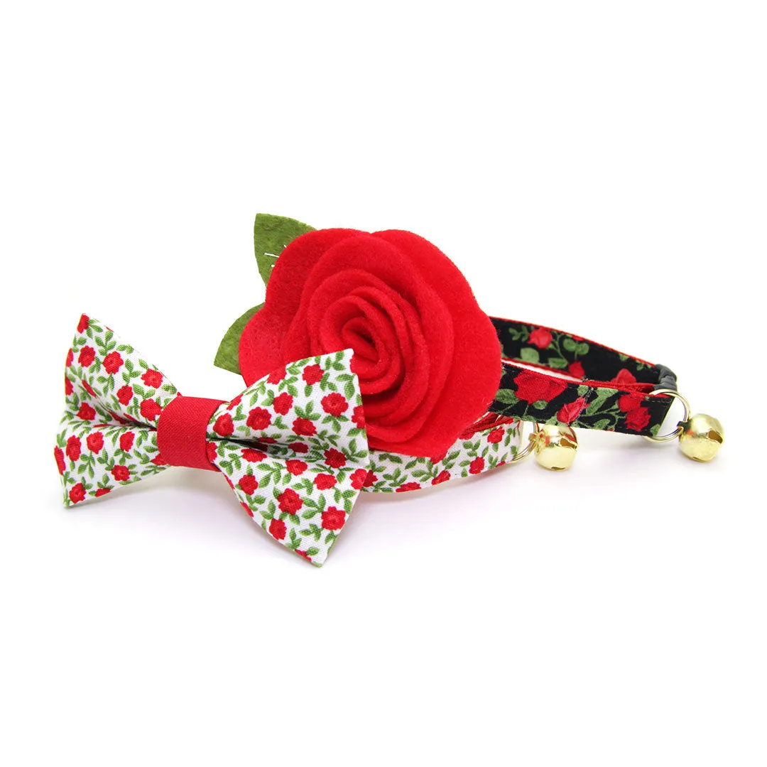 Pet Bow Tie - "Antique Rose" - Red Mini Roses Bowtie for Cats   Small Dogs / Valentine's Day / One Size
