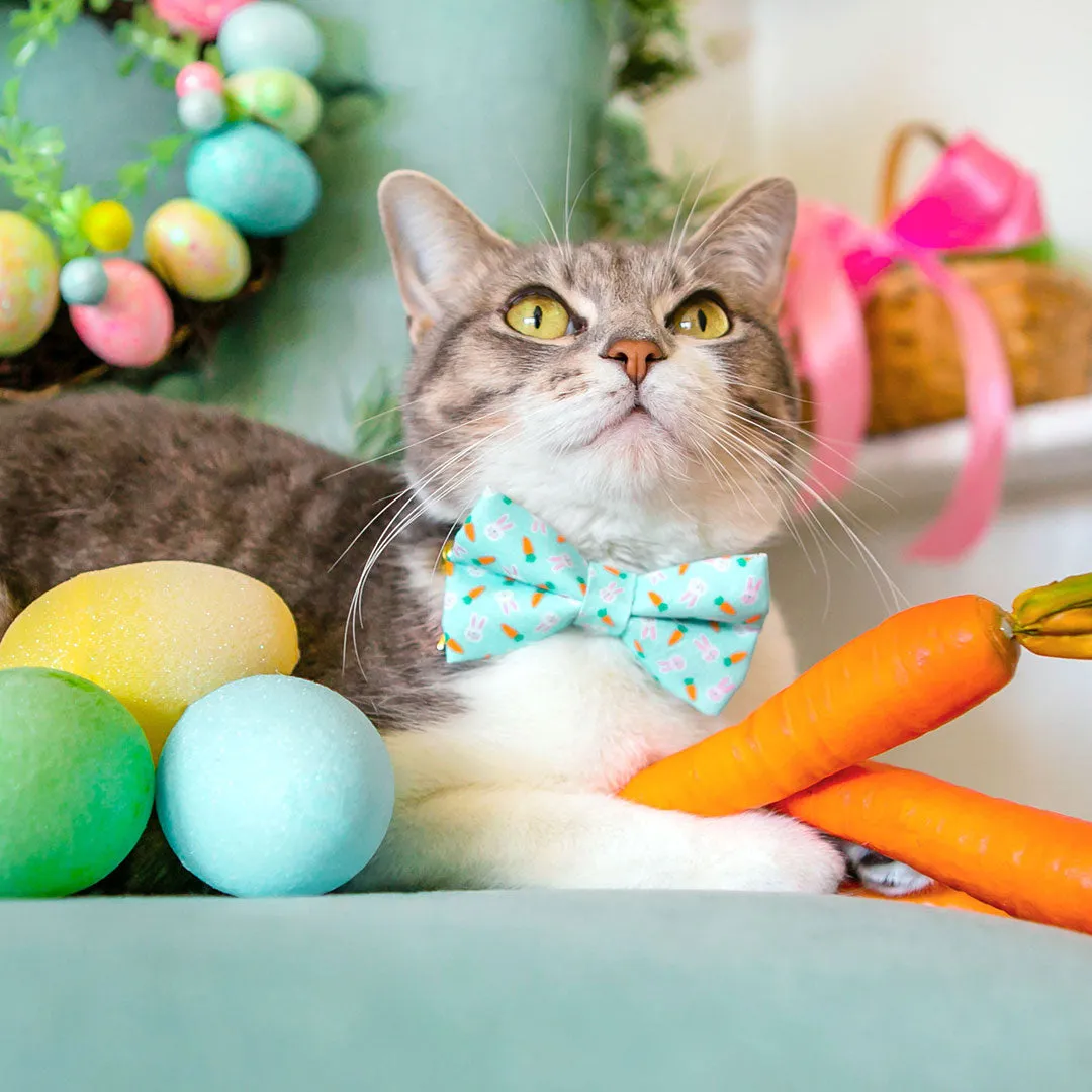 Pet Bow Tie - "Bunnies & Carrots Blue" - Light Aqua Bunny Bow Tie / Easter, Spring / For Cats   Small Dogs (One Size)