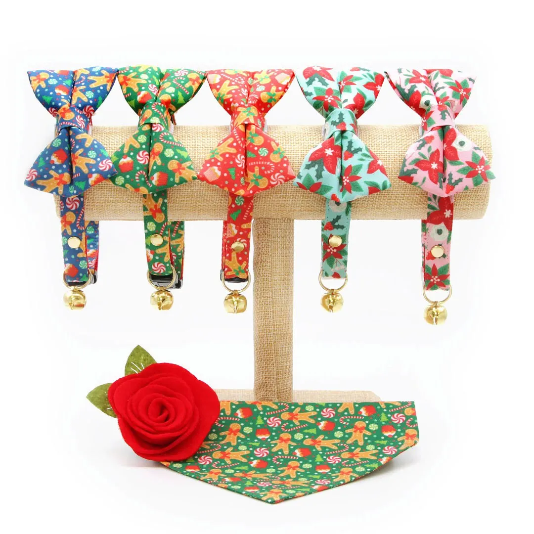 Pet Bow Tie - "Christmas Treats - Blue" - Holiday Gingerbread Cat Bow Tie / For Cats   Small Dogs (One Size)