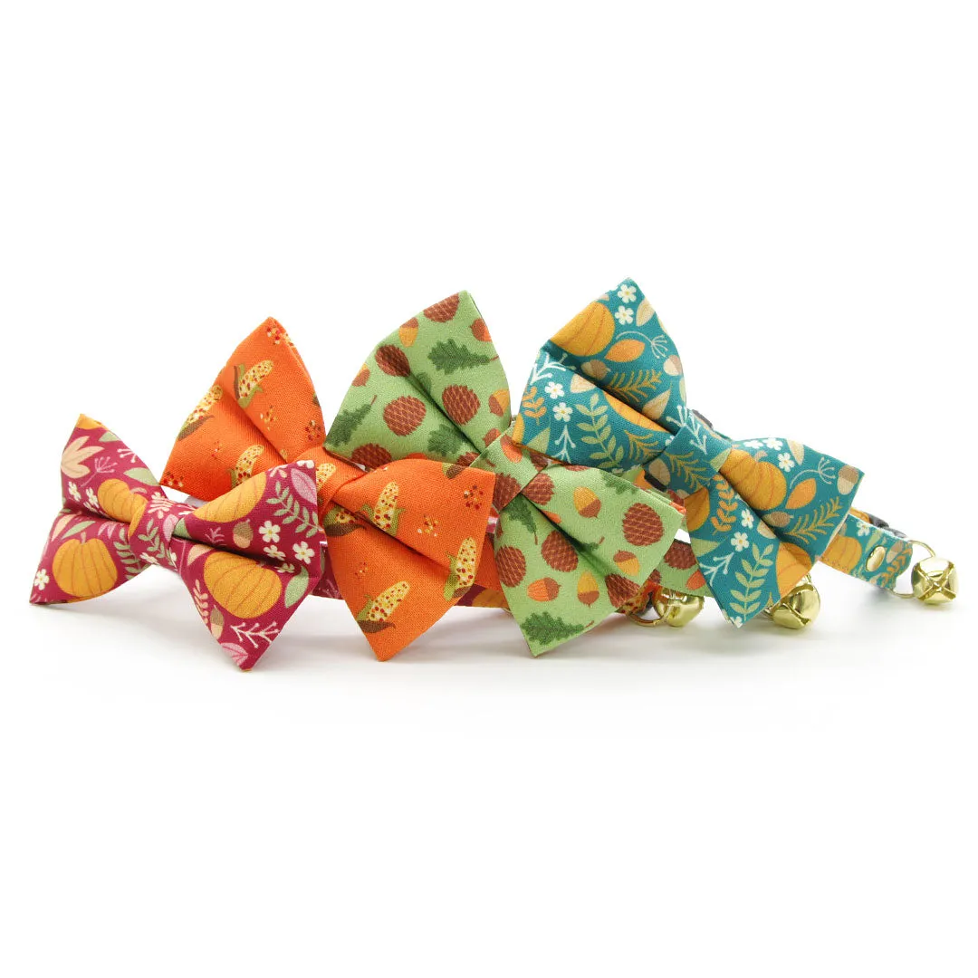 Pet Bow Tie - "Pumpkin Patch - Teal" - Fall Harvest Bowtie / Autumn   Thanksgiving / For Cats   Small Dogs / Removable (One Size)