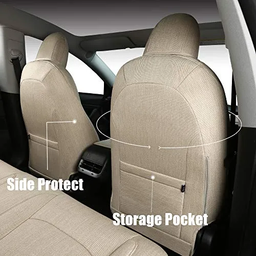 Tesla Model 3 & Y Beige Front Two Synthetic Linen Seat Covers