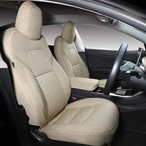 Tesla Model 3 & Y Beige Front Two Synthetic Linen Seat Covers