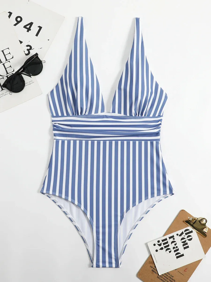 Trendy Stripe One-Piece Swimwear with Plunging Neckline