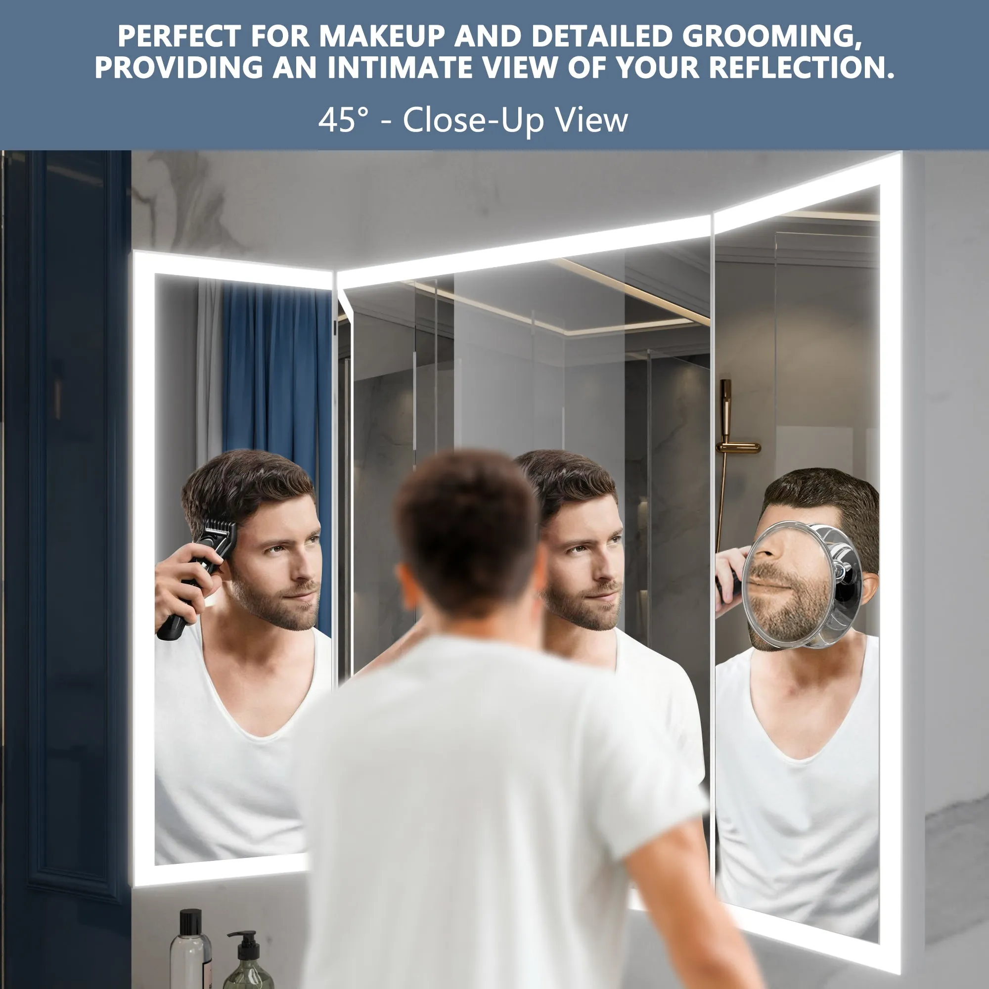 TriFold 54" W x 36" H LED Lighted Tri-Fold Bathroom Mirror, Front & Back Lighting, with Movable 10X Magnifying Mirror