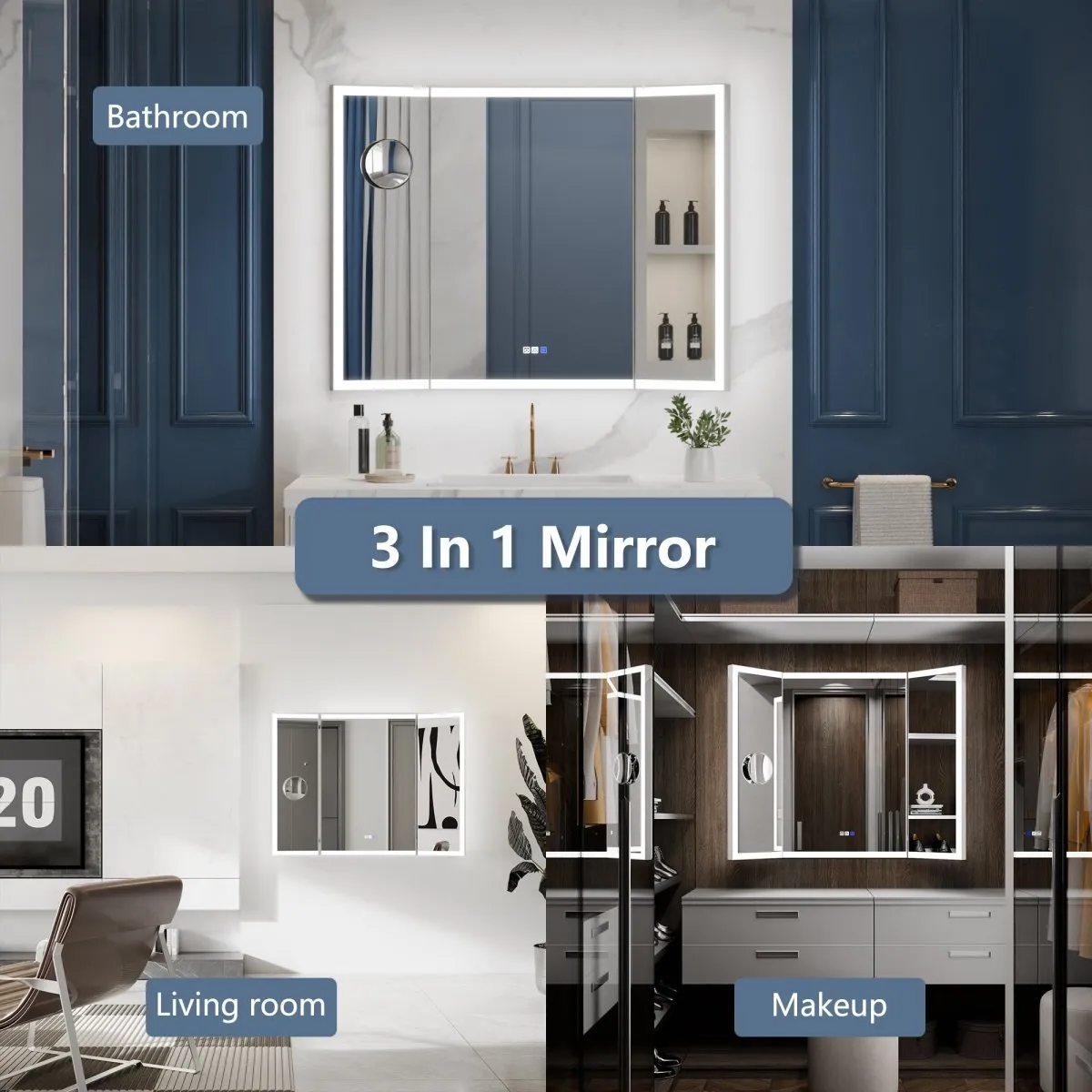 TriFold 60" W x 36" H LED Lighted Tri-Fold Bathroom Mirror, Front & Back Lighting, with Movable 10X Magnifying Mirror