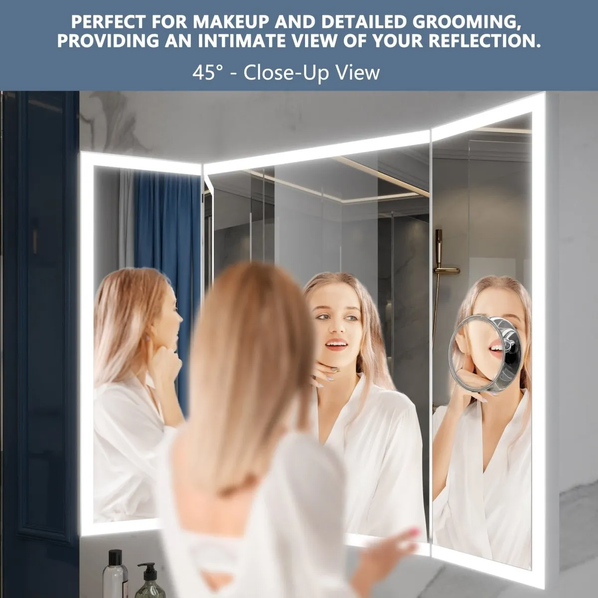 TriFold 60" W x 36" H LED Lighted Tri-Fold Bathroom Mirror, Front & Back Lighting, with Movable 10X Magnifying Mirror
