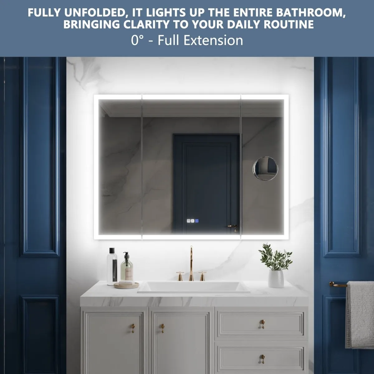 TriFold 60" W x 36" H LED Lighted Tri-Fold Bathroom Mirror, Front & Back Lighting, with Movable 10X Magnifying Mirror