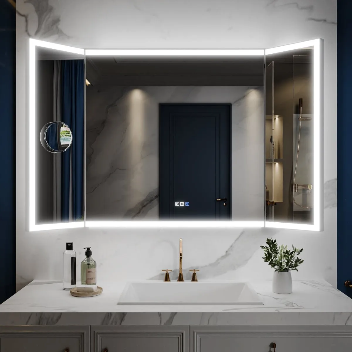 TriFold 60" W x 36" H LED Lighted Tri-Fold Bathroom Mirror, Front & Back Lighting, with Movable 10X Magnifying Mirror