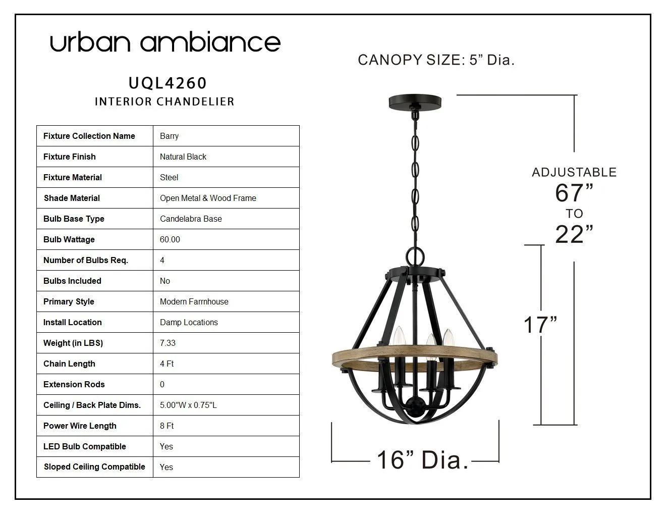 UQL4260 Modern Farrnhouse Chandelier 17''H x 16''W, Natural Black Finish, Barry Collection