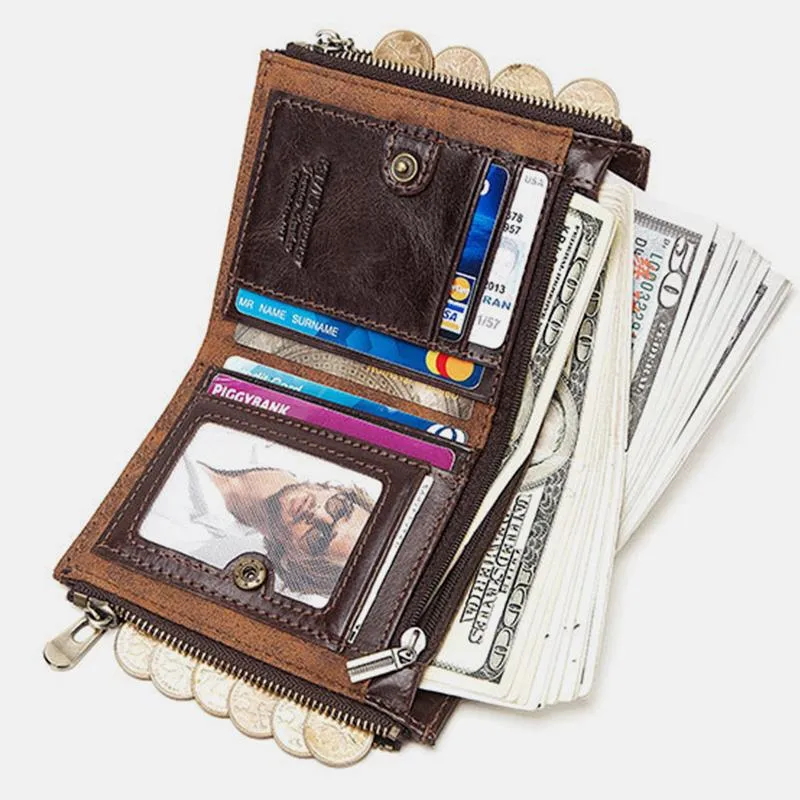Vintage RFID Genuine Leather Bifold Coin Wallet With Chain