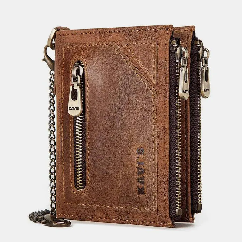 Vintage RFID Genuine Leather Bifold Coin Wallet With Chain