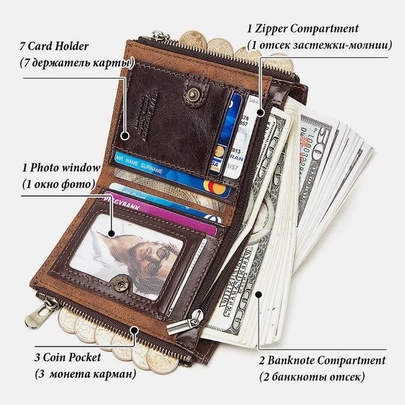 Vintage RFID Genuine Leather Bifold Coin Wallet With Chain