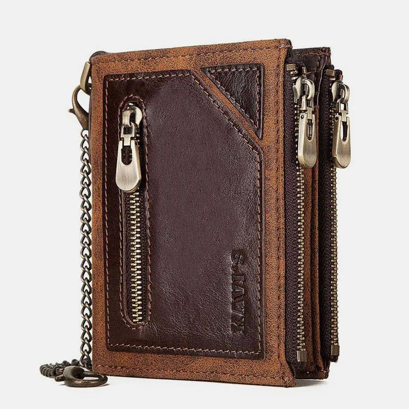 Vintage RFID Genuine Leather Bifold Coin Wallet With Chain