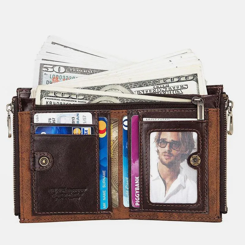 Vintage RFID Genuine Leather Bifold Coin Wallet With Chain