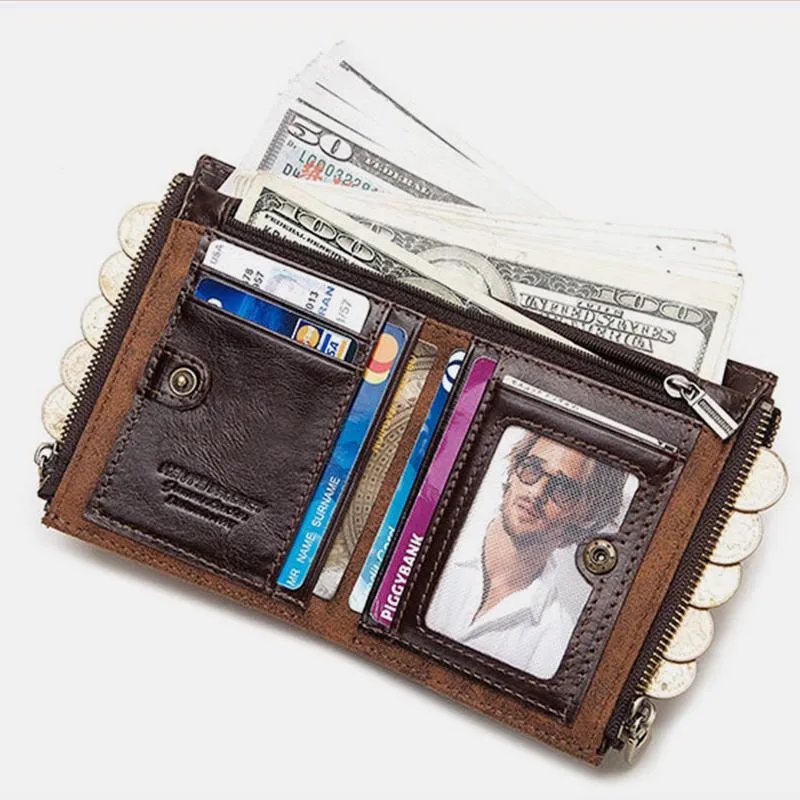 Vintage RFID Genuine Leather Bifold Coin Wallet With Chain