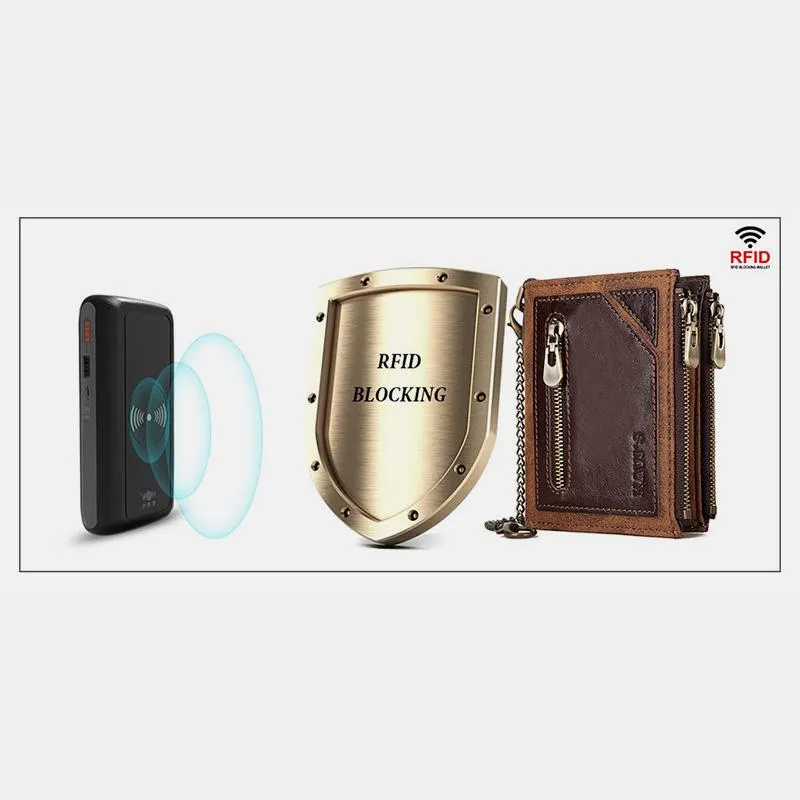 Vintage RFID Genuine Leather Bifold Coin Wallet With Chain