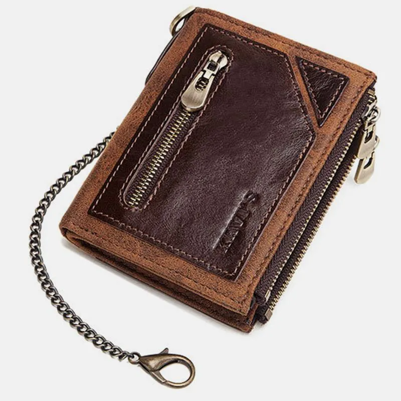Vintage RFID Genuine Leather Bifold Coin Wallet With Chain