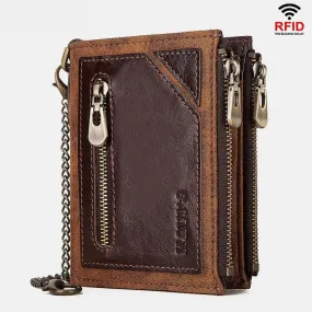 Vintage RFID Genuine Leather Bifold Coin Wallet With Chain