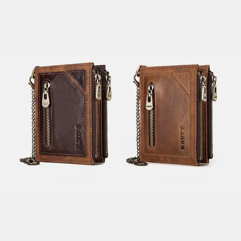 Vintage RFID Genuine Leather Bifold Coin Wallet With Chain