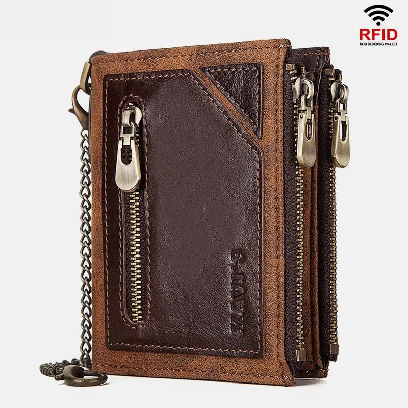 Vintage RFID Genuine Leather Bifold Coin Wallet With Chain